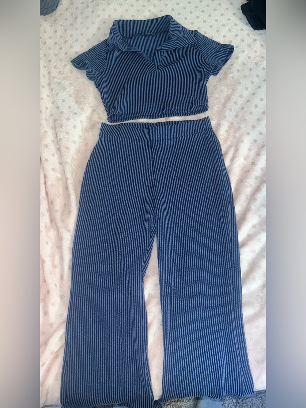Fashion Nova Ribbed Shirt and High-Waist Wide Leg Pants Set - Navy Blue - Picture 2 of 2
